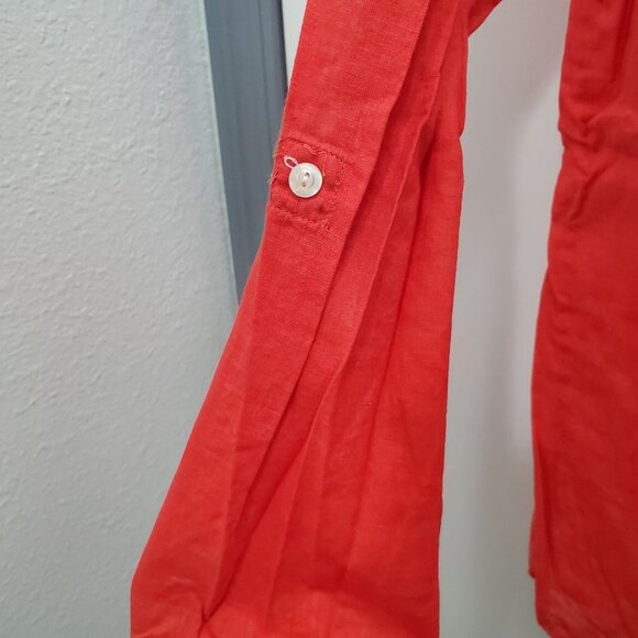 Chico's Women's Bright Orange Linen Blend Roll Tab Military Button Up Shirt Sz 1 - Picture 2 of 5
